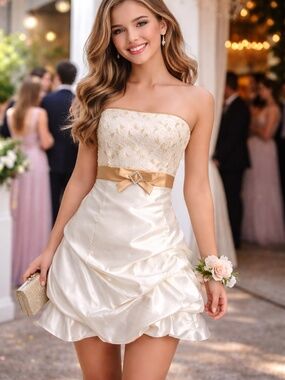 Gunne Sax Embroidered Satin Dress 7 Gathered White Bow Floral Strapless Prom